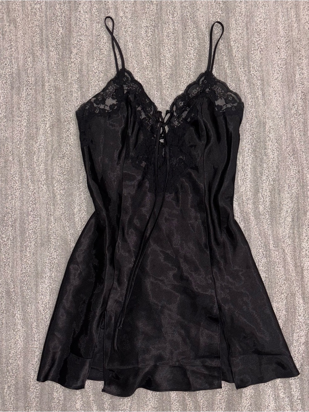 VTG Fredericks Of Hollywood Black Mini Slip Dress Satin Lace Up Women’s Sz M